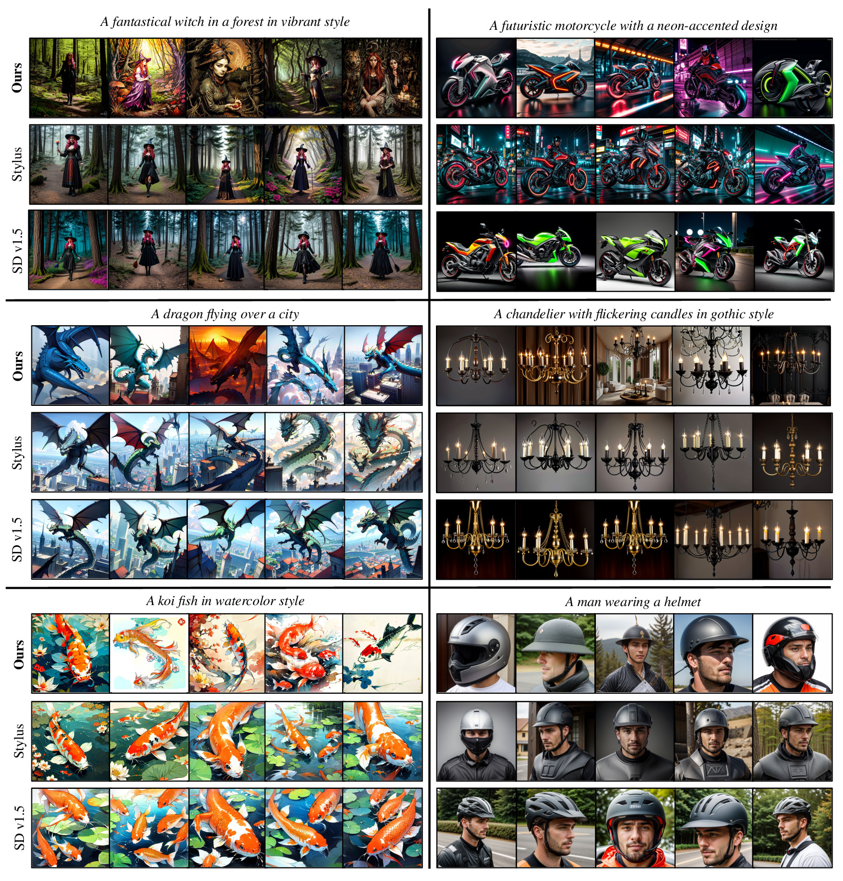 Qualitative comparison showing diverse image generation
